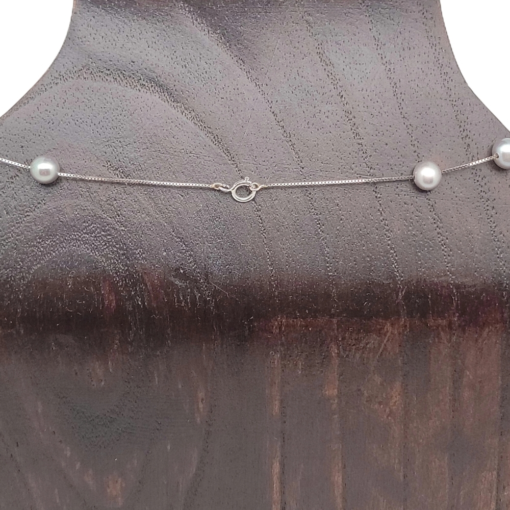 14k/585 White Gold Pearl Station Necklace Box Link Chain 17" - Picture 3 of 7